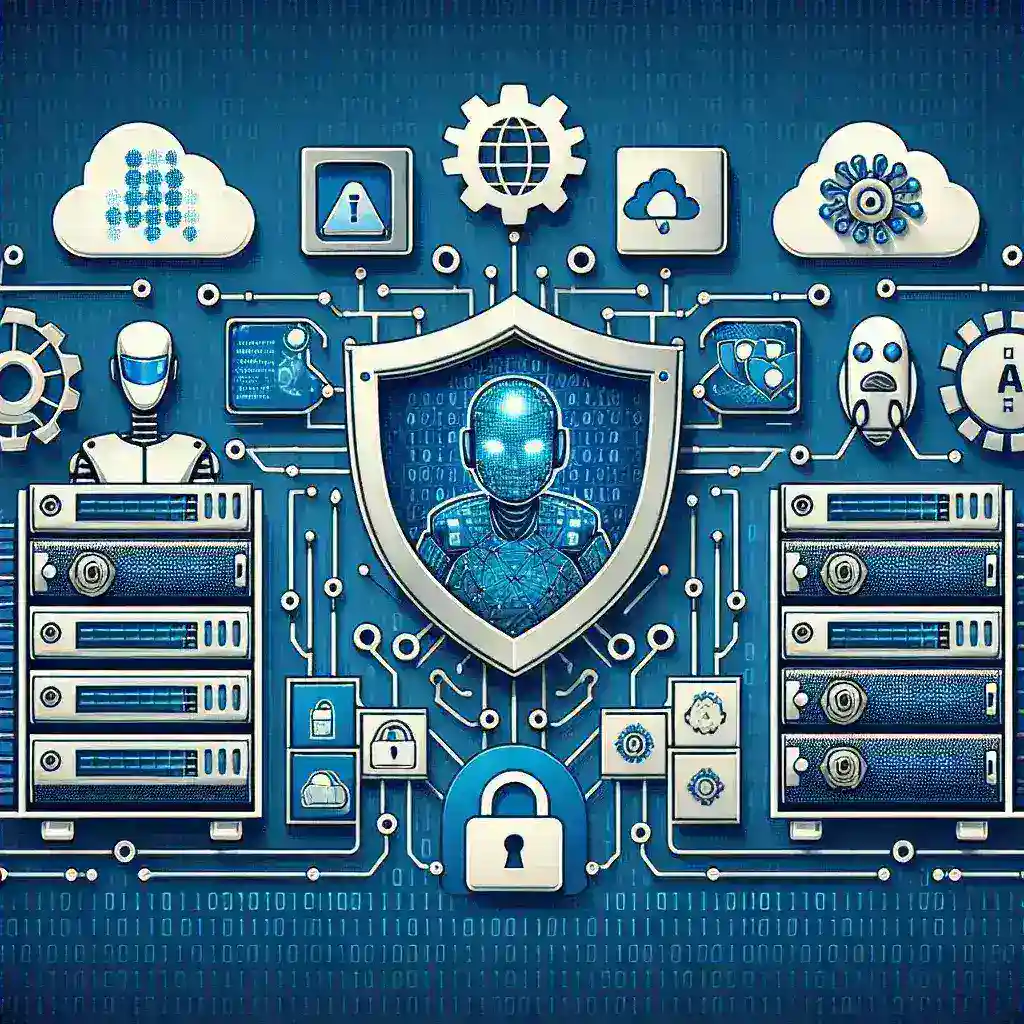 "Standar Keamanan Data Center AI dan Cloud Publik: Ilustrasi sistem keamanan canggih yang melindungi data sensitif di fasilitas data center modern."