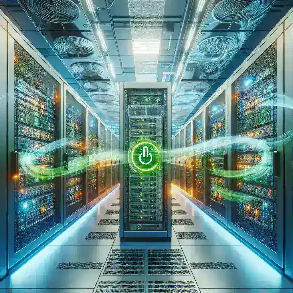 "Data Centre Edgnex: Representasi visual menunjukkan teknologi pengelolaan energi yang efisien dan fitur hemat biaya pada pusat data modern."