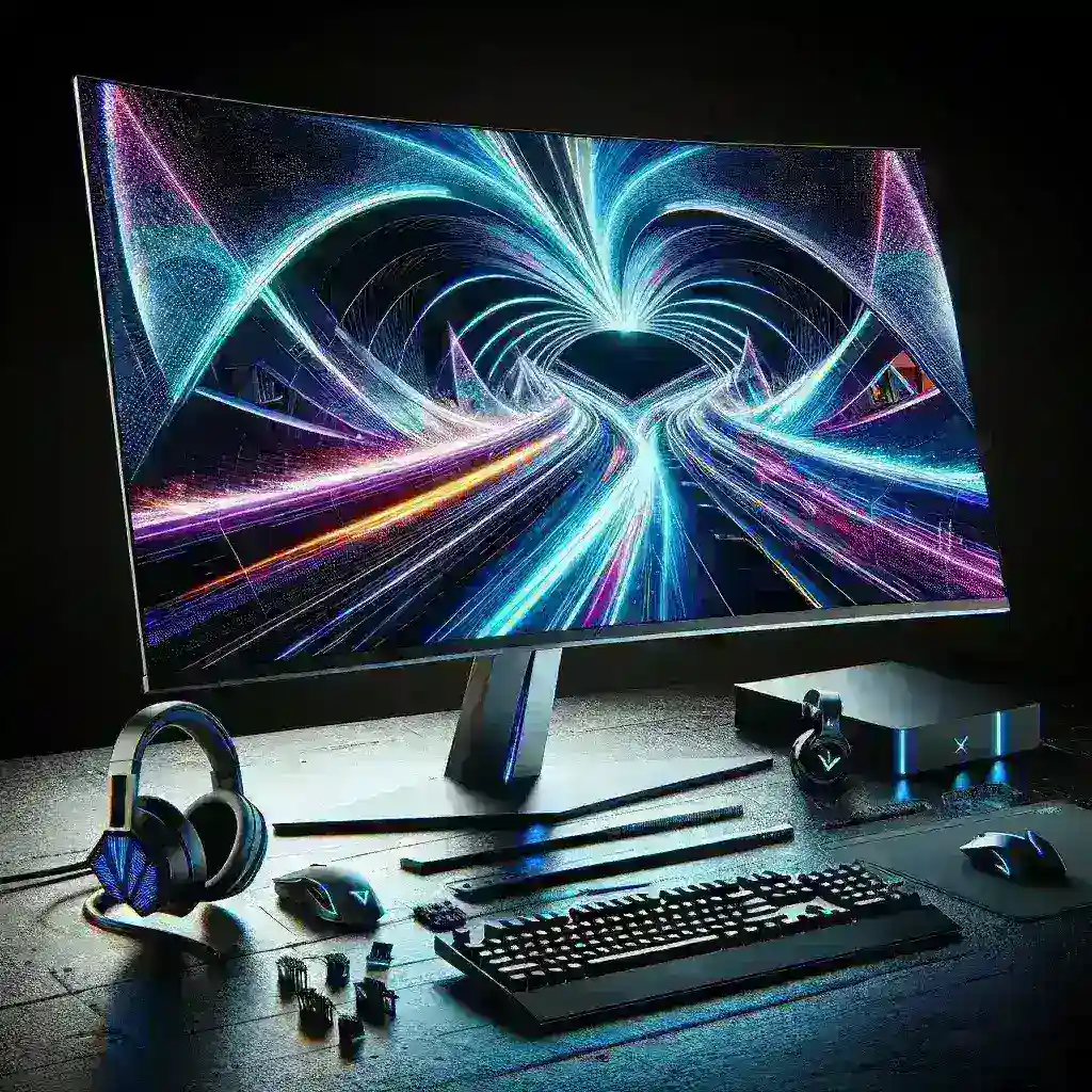 "Samsung Gaming Monitor OLED 49 Inci dengan Refresh Rate 360 Hz, menampilkan desain futuristik dan kualitas gambar superior, ideal untuk pengalaman bermain game yang immersive."